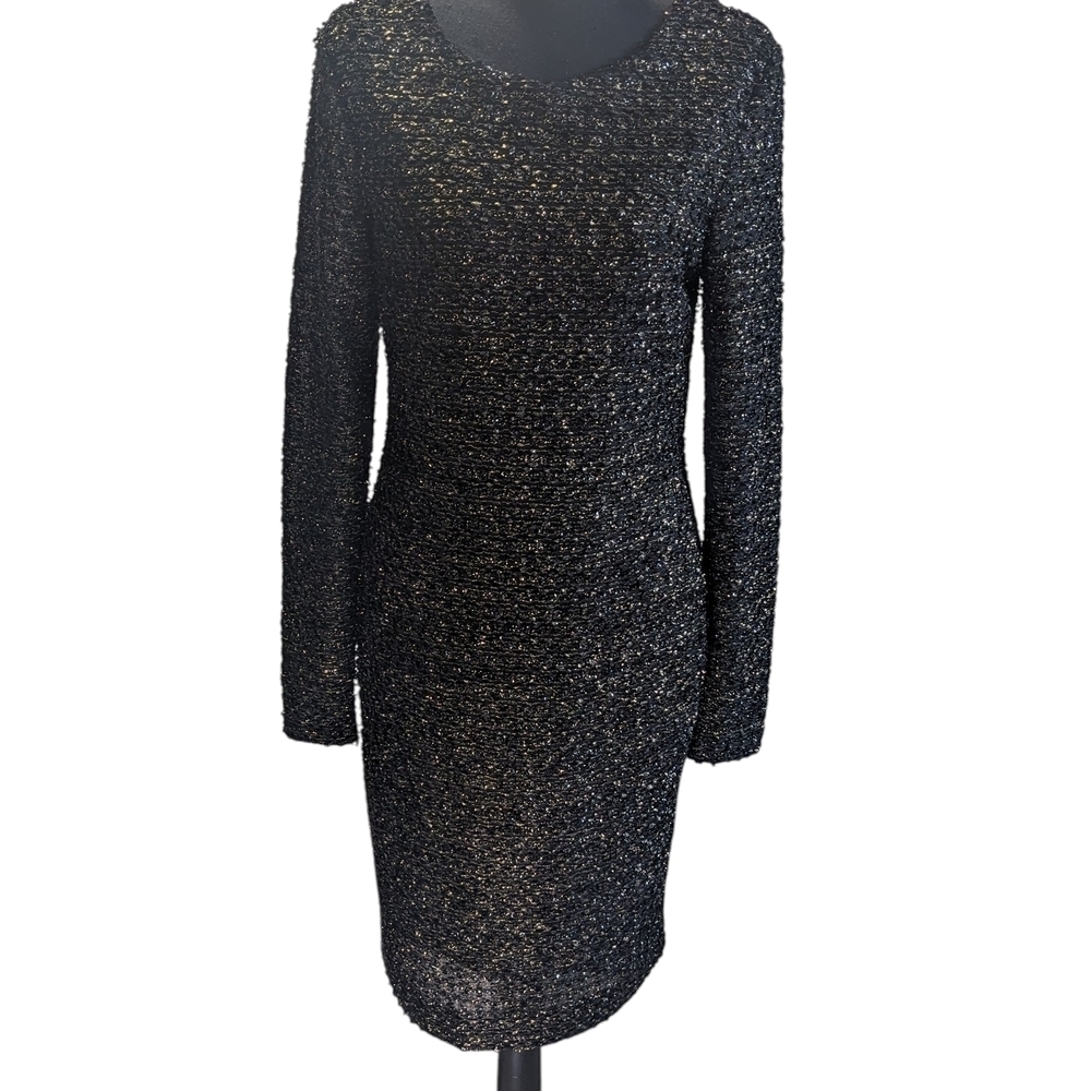 Badgley Mischka Black, Silver & Gold Sequin Long Sleeve Dress Formal L
